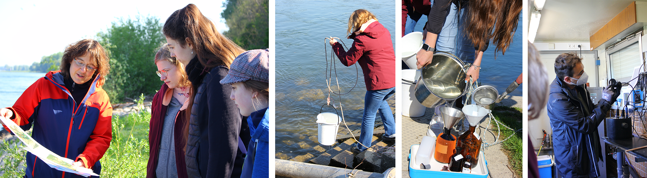 Heike Robakowski erläutert am Rhein die Messungen der LUBW und die Mädchen entnehmen dem Rhein Wasserproben. Roland Lang zeigt die Messgeräte in der Messstation.