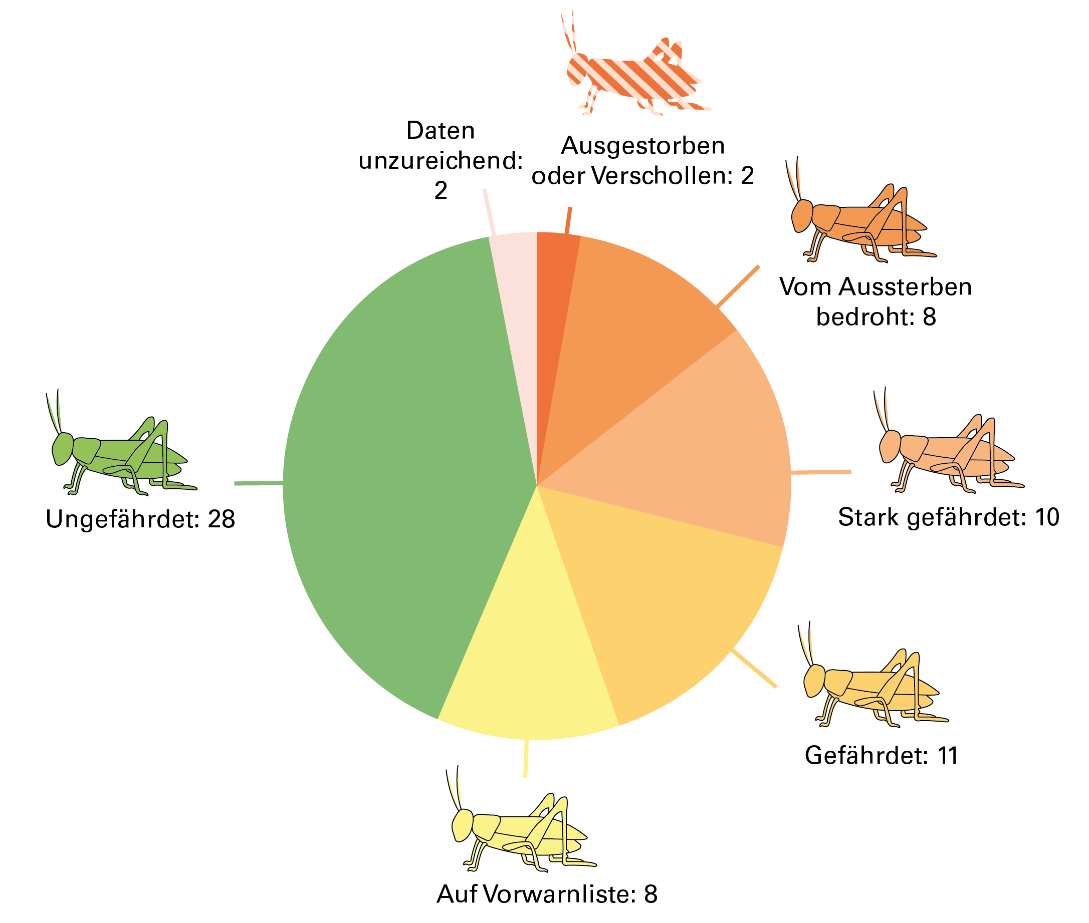 Kreisdiagramm, das die Gefährdung der Heu- und Fangschrecken zeigt. Dabei sind 28 Arten ungefährdet, 8 auf der Vorwarnliste, 11 gefährdet, 10 stark gefährdet, 8 vom Aussterben bedroht und 2 ausgestorben/verschollen, bei zwei Arten sind die Daten unzureichen, bzw. es liegt eine Gefährdung unbekannten Ausmaßes vor.