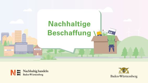 In einer Sprechblase steht Nachhaltige Beschaffung, daneben steht ein Eimer in dem sich Arbeitskleidung, Putzmittel und Papier befindet