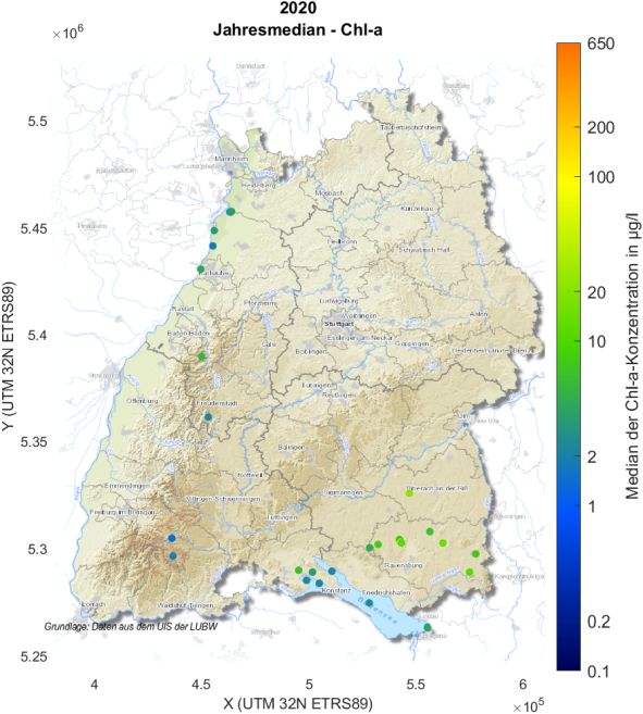 Überblick über die Chlorophyll-a-Gehalte in 21 baden-württembergischen Seen.