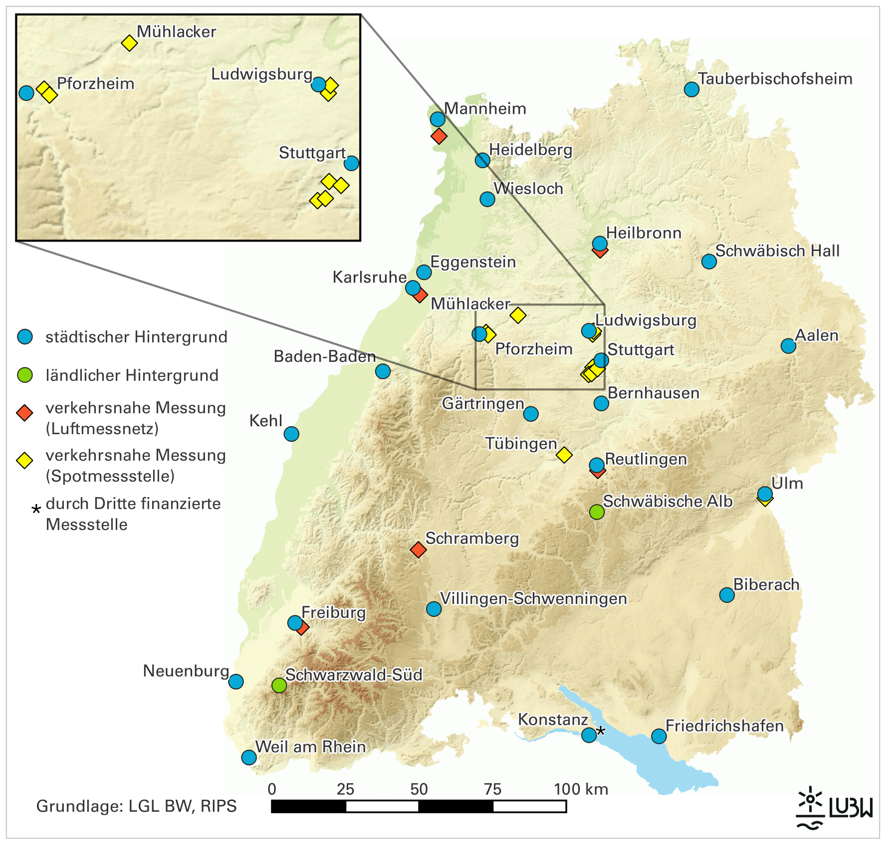 Karte von Baden-Württemberg mit den eingezeichneten Standorten des Luft- und Spotmessnetzes (Stand Juli 2026) Karte von Baden-Württemberg mit den eingezeichneten Standorten des Luft- und Spotmessnetzes (Stand Juli 2026)