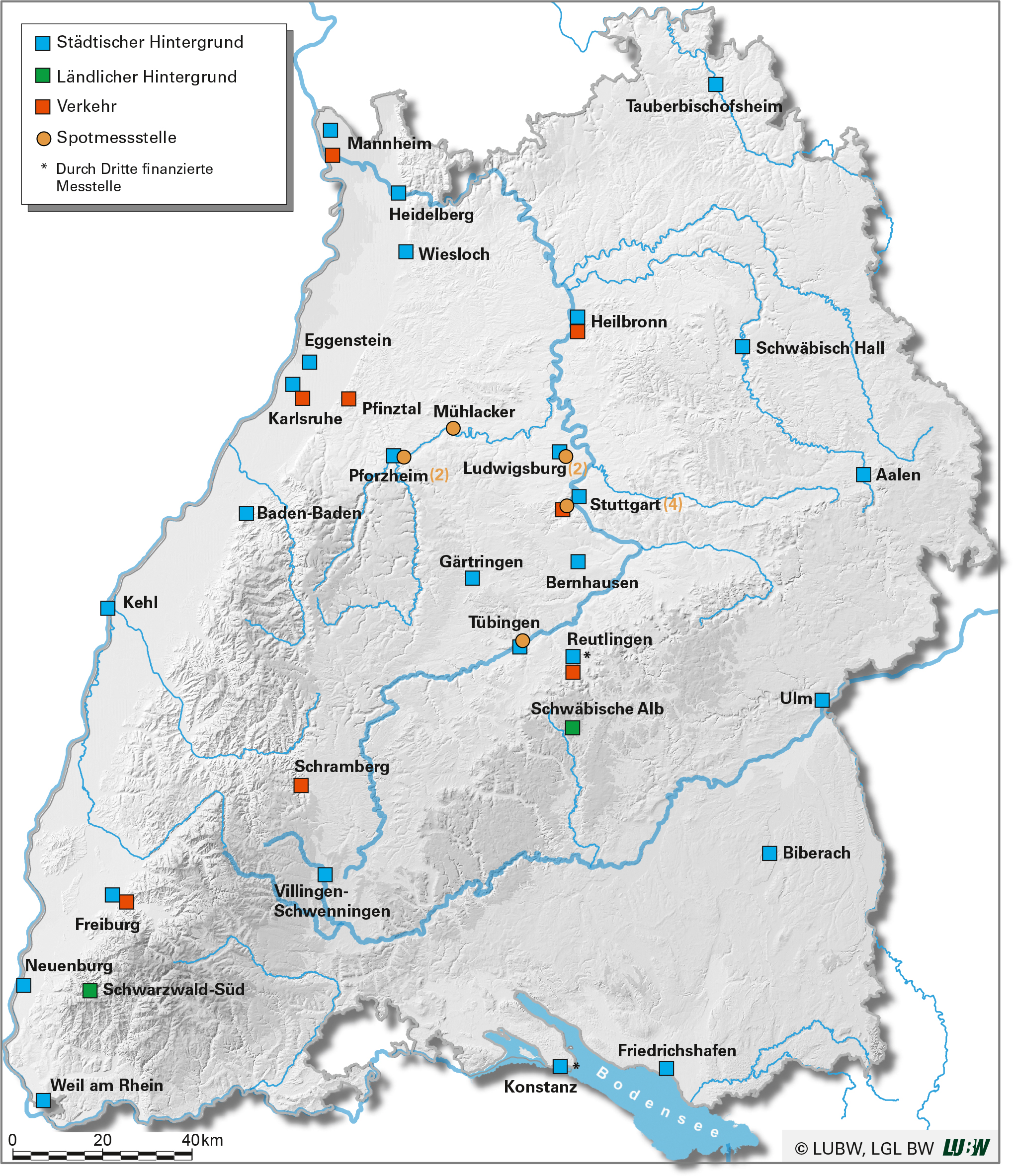 Karte von Baden-Württemberg mit den eingezeichneten Standorten des Luft- und Spotmessnetzes (Stand Januar 2025)