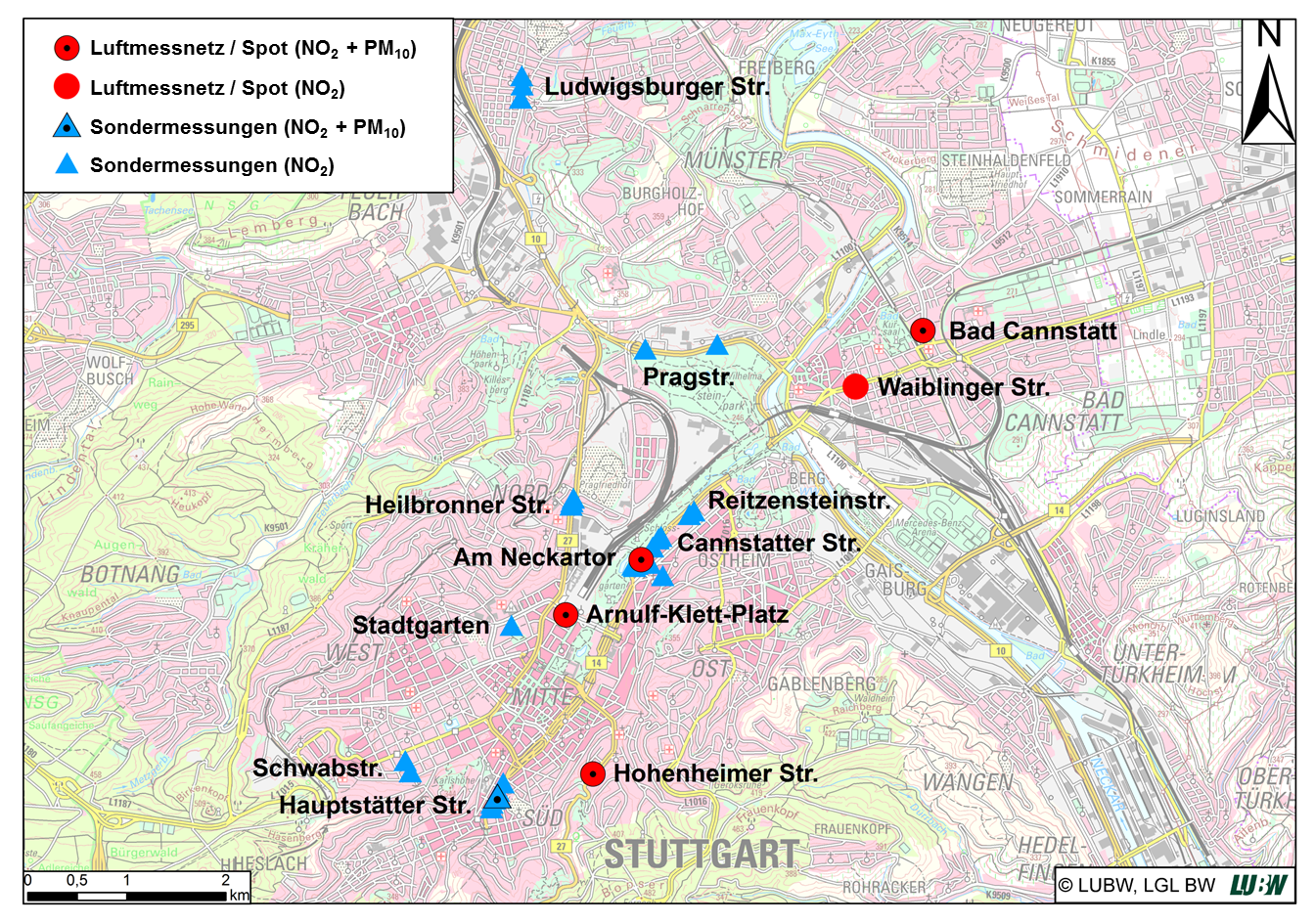 Topografische Karte mit den bestehenden Messorten des Luftmessnetzes und zusätzliche Messorte der Sondermessungen im Stadtgebiet Stuttgart zwischen 2016 und 2018