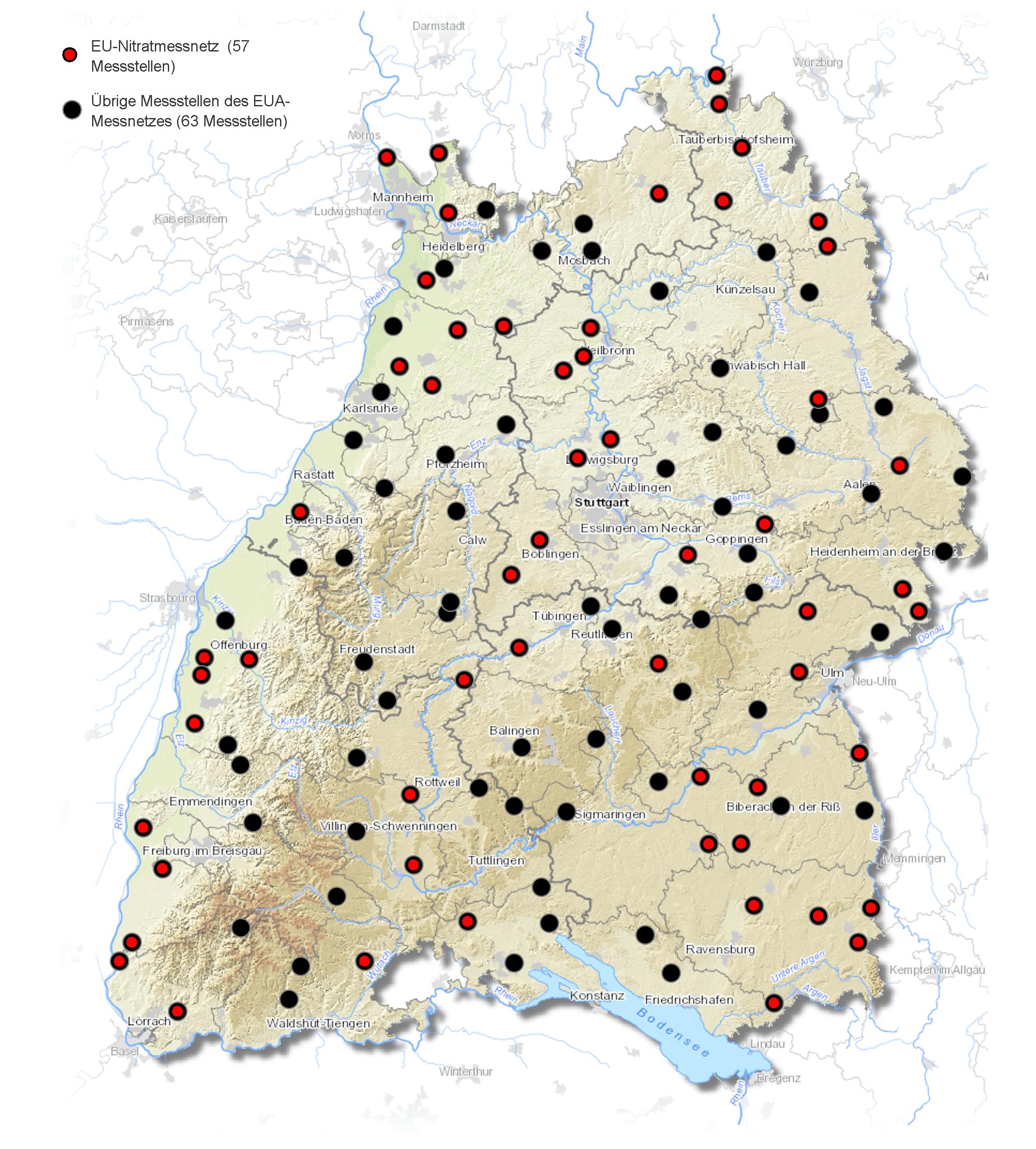 Karte Baden-Württemberg mit den Messstellen des EUA-Messnetzes