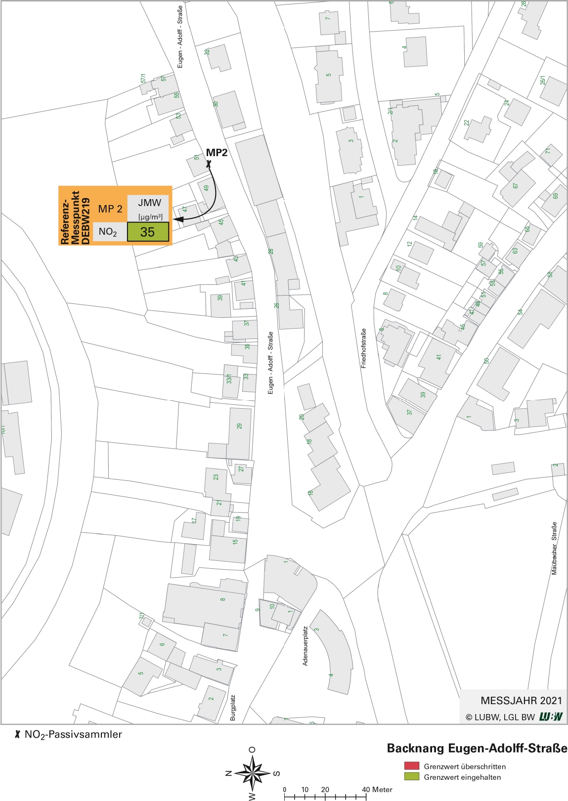 Kartenausschnitt, der die Lage der Messstelle Backnang Eugen-Adolff-Straße (Referenzmesspunkt) zeigt. Dargestellt ist zudem das Ergebnis (Jahresmittelwerte 2021) der gemessenen Stickstoffdioxidbelastung.