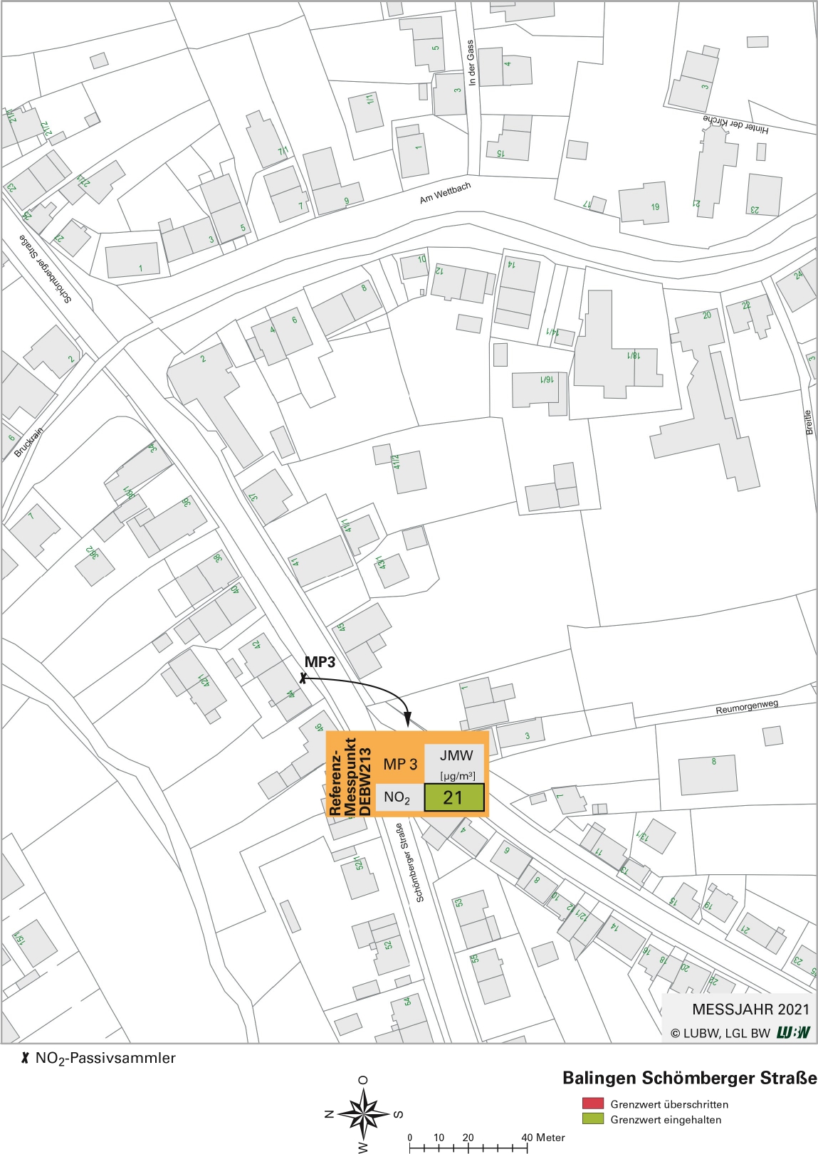 Kartenausschnitt, der die Lage der Messstelle Balingen Schömberger Straße (Referenzmesspunkt) zeigt. Dargestellt ist zudem das Ergebnis (Jahresmittelwert 2021) der gemessenen Stickstoffdioxidbelastung.