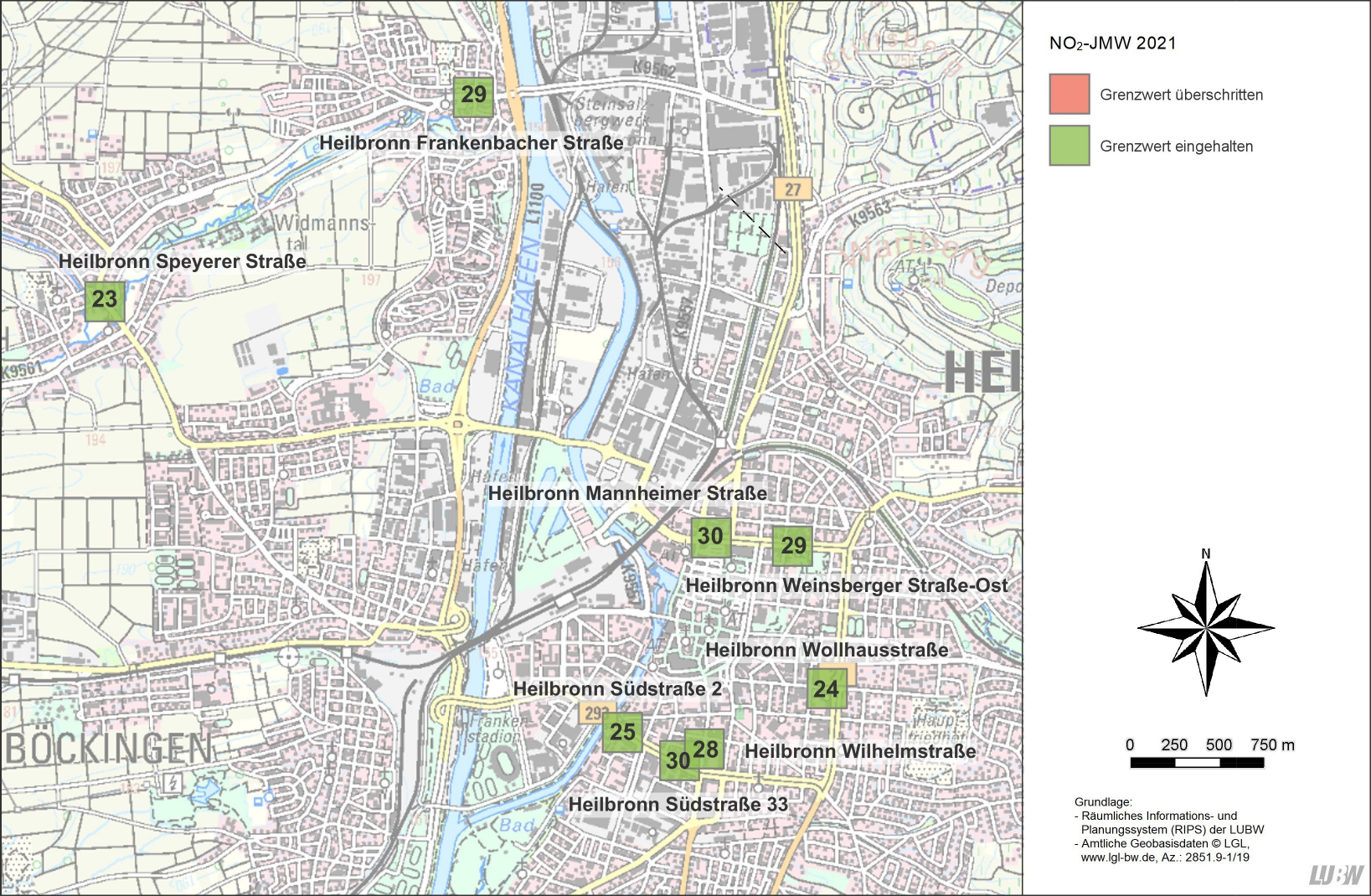 Kartenausschnitt, der die Lage der Messstellen in Heilbronn zeigt. Diese sind Heilbronn Frankenbacher Straße, Heilbronn Mannheimer Straße, Heilbronn Speyerer Straße, Heilbronn Südstraße 2, Heilbronn Südstraße 33, Heilbronn Wilhelmstraße, Heilbronn Wollhausstraße und Heilbronn Weinsberger Straße-Ost. Dargestellt sind zudem die Ergebnisse (Jahresmittelwerte 2021) der gemessenen Stickstoffdioxidbelastung.