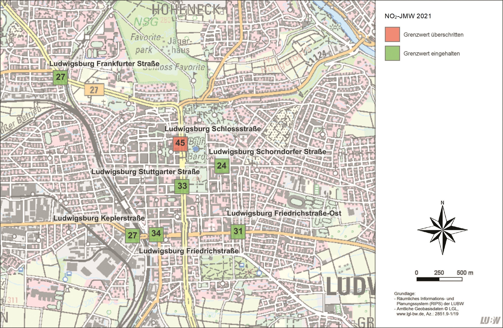 Kartenausschnitt, der die Lage der Messstellen in Ludwigsburg zeigt. Diese sind Ludwigsburg Frankfurter Straße, Ludwigsburg Friedrichstraße, Ludwigsburg Friedrichstraße-Ost, Ludwigsburg Keplerstraße, Ludwigsburg Schlossstraße, Ludwigsburg Schorndorfer Straße und Ludwigsburg Stuttgarter Straße. Dargestellt sind zudem die Ergebnisse (Jahresmittelwerte 2021) der gemessenen Stickstoffdioxidbelastung.