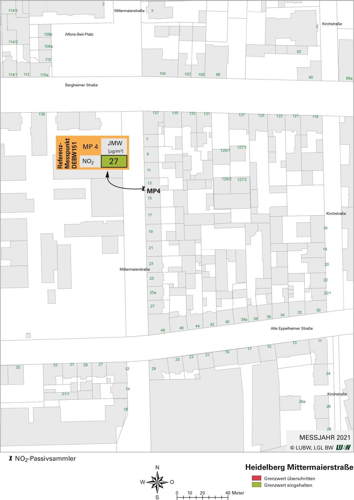 Kartenausschnitt, der die Lage der Messstelle Heidelberg Mittermaierstraße (Referenzmesspunkt) zeigt. Dargestellt ist zudem das Ergebnis (Jahresmittelwert 2021) der gemessenen Stickstoffdioxidbelastung.