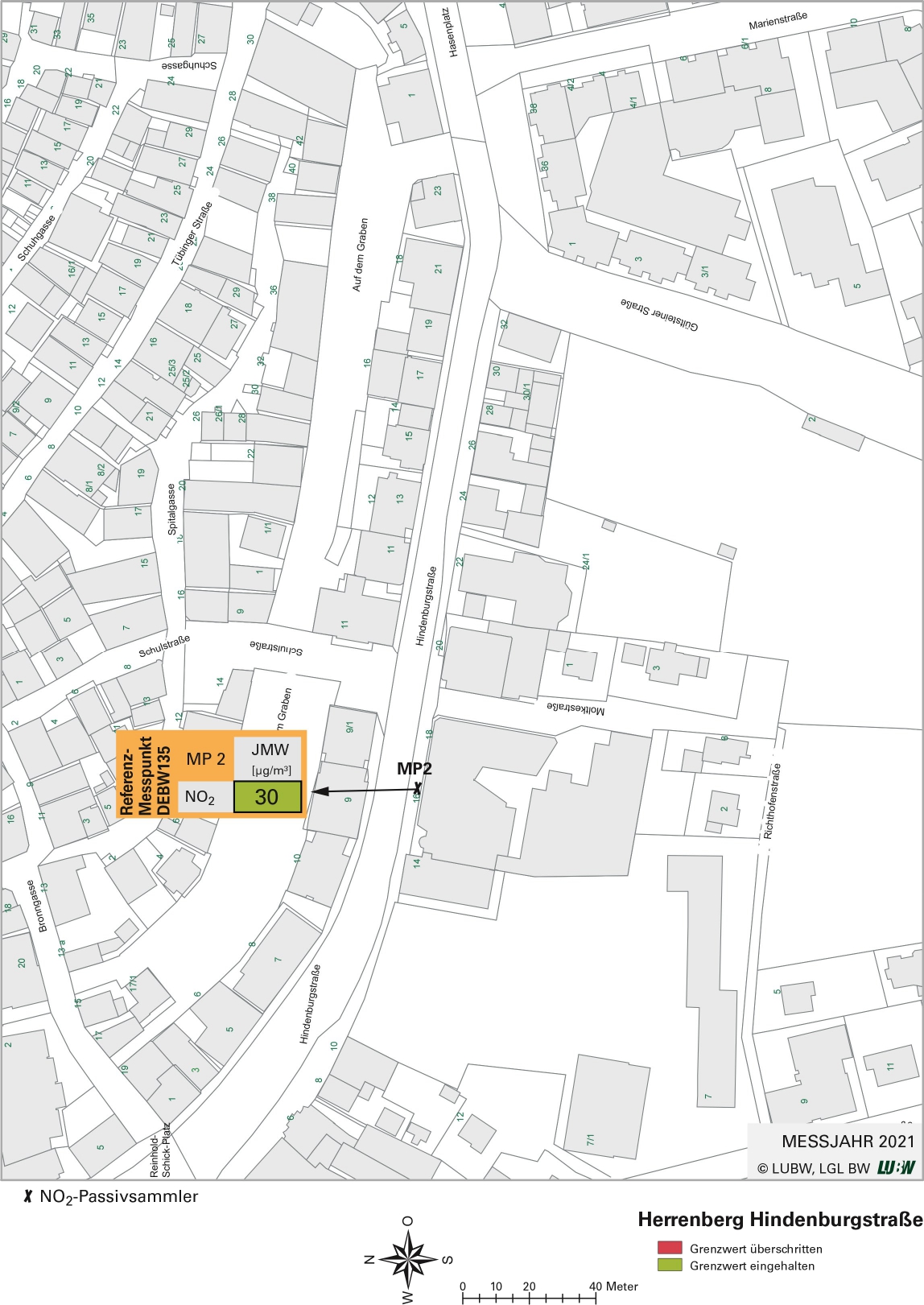 Kartenausschnitt, der die Lage der Messstelle Herrenberg Hindenburgstraße (Referenzmesspunkt) zeigt. Dargestellt ist zudem das Ergebnis (Jahresmittelwert 2021) der gemessenen Stickstoffdioxidbelastung.