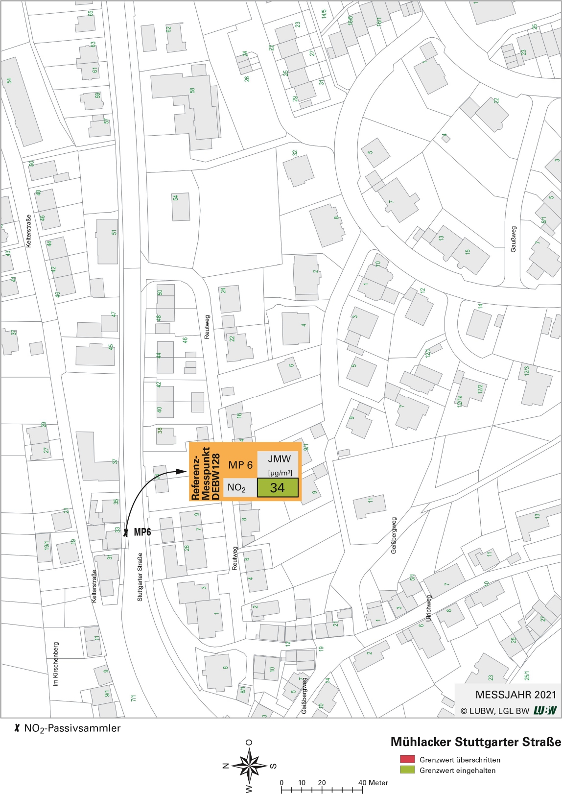 Kartenausschnitt, der die Lage der Messstelle Mühlacker Stuttgarter Straße (Referenzmesspunkt) zeigt. Dargestellt ist zudem das Ergebnis (Jahresmittelwert 2021) der gemessenen Stickstoffdioxidbelastung.