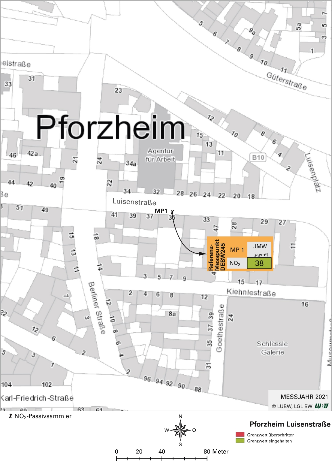 Kartenausschnitt, der die Lage der Messstelle Pforzheim Luisenstraße (Referenzmesspunkt) zeigt. Dargestellt ist zudem das Ergebnis (Jahresmittelwert 2021) der gemessenen Stickstoffdioxidbelastung.