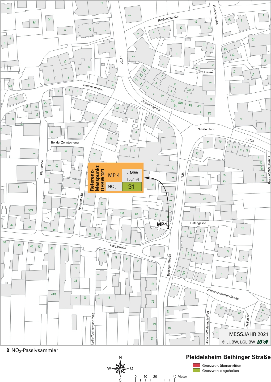 Kartenausschnitt, der die Lage der Messstelle Pleidelsheim Beihinger Straße (Referenzmesspunkt) zeigt. Dargestellt ist zudem das Ergebnis (Jahresmittelwert 2021) der gemessenen Stickstoffdioxidbelastung.