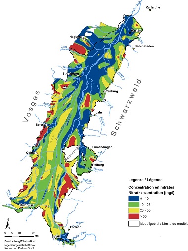 Aus Messdaten interpolierte Nitratkonzentrationsverteilung (Tiefenbereich 0 – 40 m) für 2009 (Bestandsaufnahme 2009)