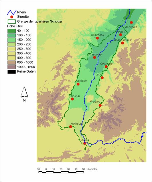 Relief im Oberrheingebiet mit Höhen über NN
