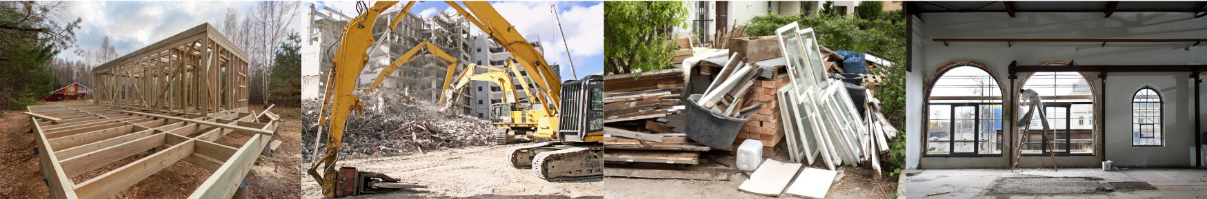  Auf dem Bild sieht man vier Bilder in einer Reihe zum Themenfeld Zirkuläres Bauen: Ein Neubau aus Holz, einen Bagger auf einer Abbruchbaustelle, ausgebaute Bauteile zur Wiederverwendung und eine Innensanierung 