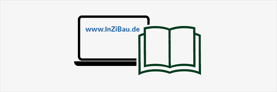 Auf einem hellgrauen Hintergrund ist grafisch ein Laptop mit dem SAchriftzug "www.InZiBau.de" und ein aufgeschlagenens Buch dargestellt.
