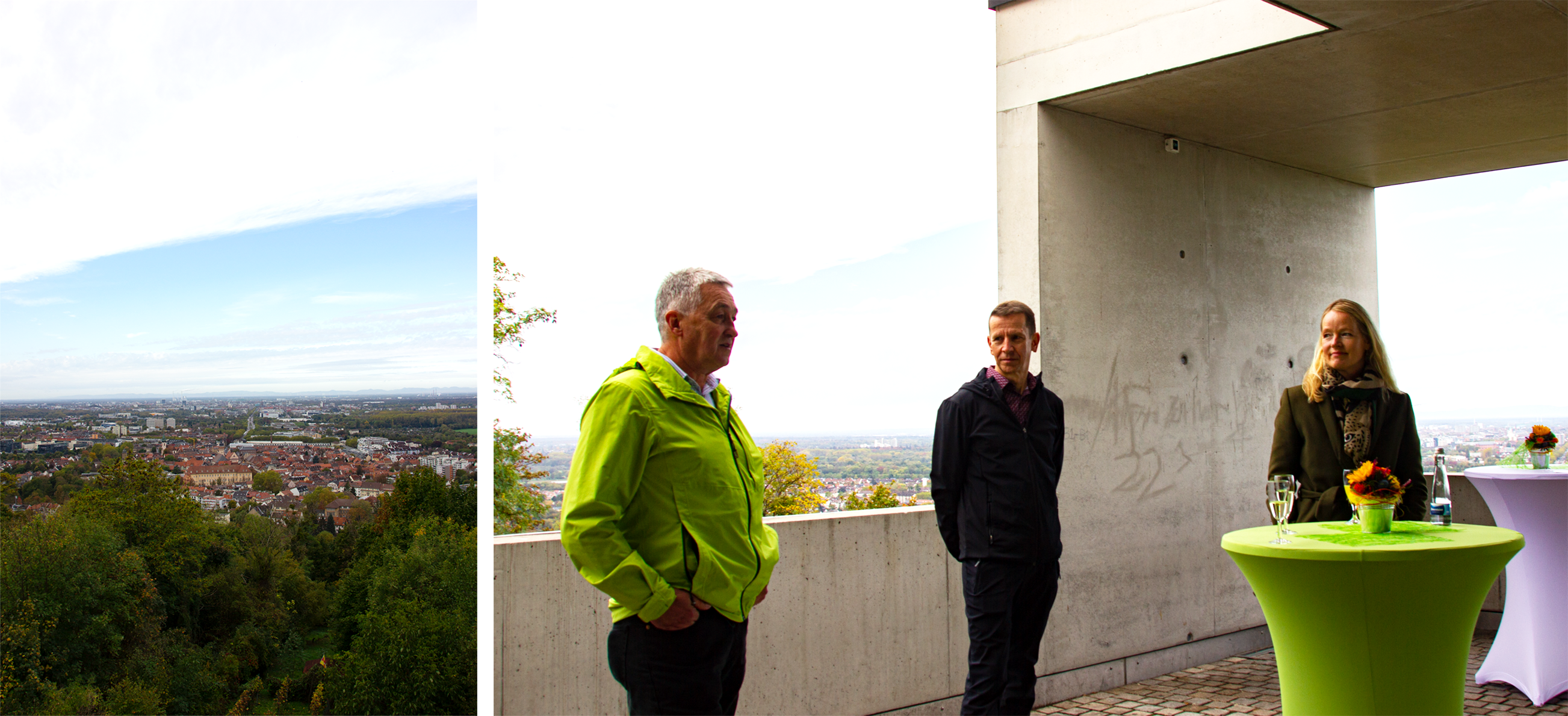 Links: Karlsruhe vom Durlacher Turmberg. Rechts: Abteilungsleiter Abteilung Wasser Dr. Joachim Bley, Präsident Dr. Ulrich Maurer und Umweltministerin Thekla Walker.