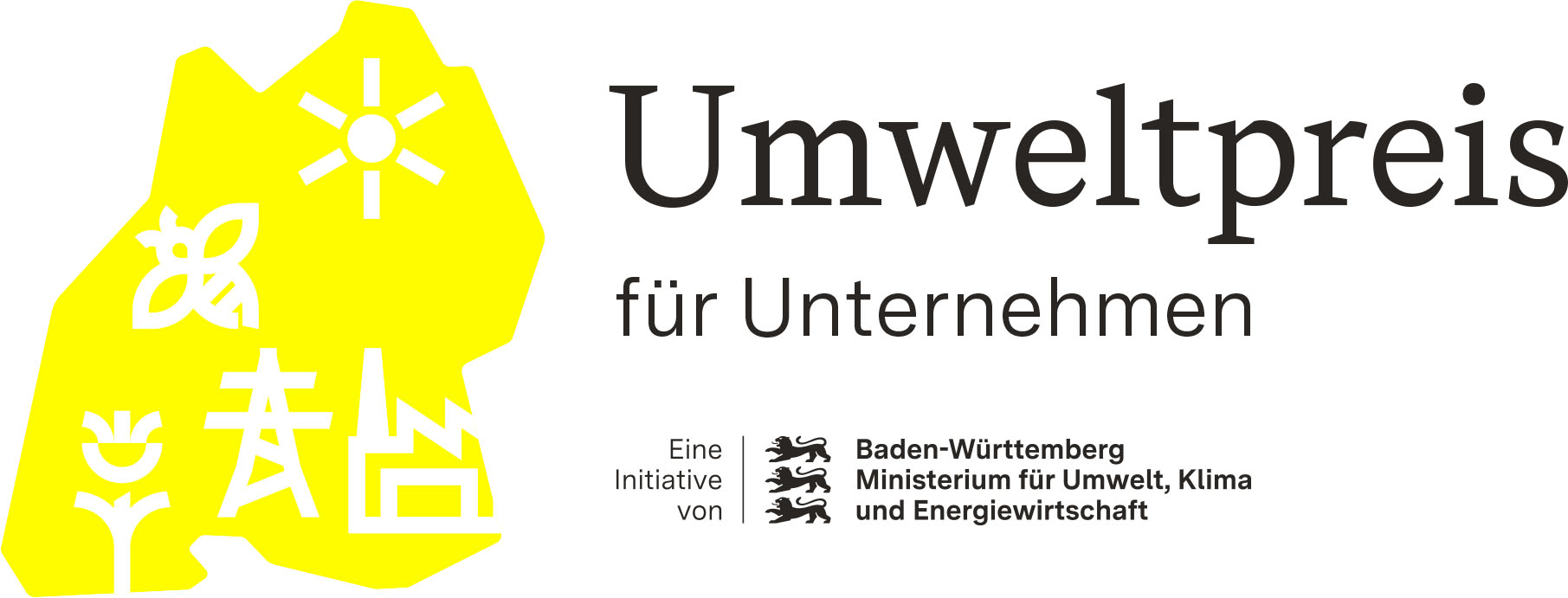 Logo des Umweltpreis für Unternehmen. Neben den Umrissen Baden-Württembergs ist zu lesen: Umweltpreis für Unternehmen. Eine Initiativen von Baden-Württemberg Ministerium für Umwelt, Klima und Energiewirtschaft