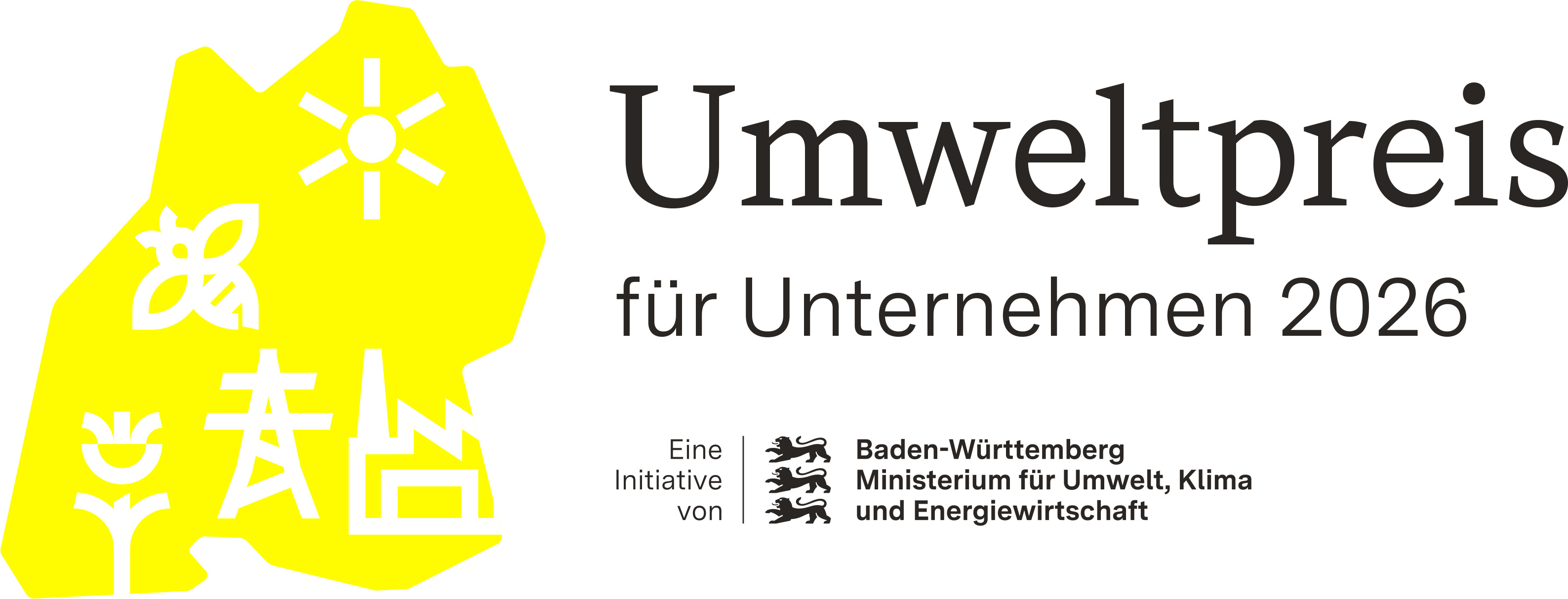 Logo des Wettbewerbs. Das Logo zeigt den Umriss Baden-Württembergs sowie daneben den Text "Umweltpreis für Unternehmen 2026. Eine Initiative von Baden-Württemberg Ministerium für Umwelt, Klima und Energiewirtschaft."