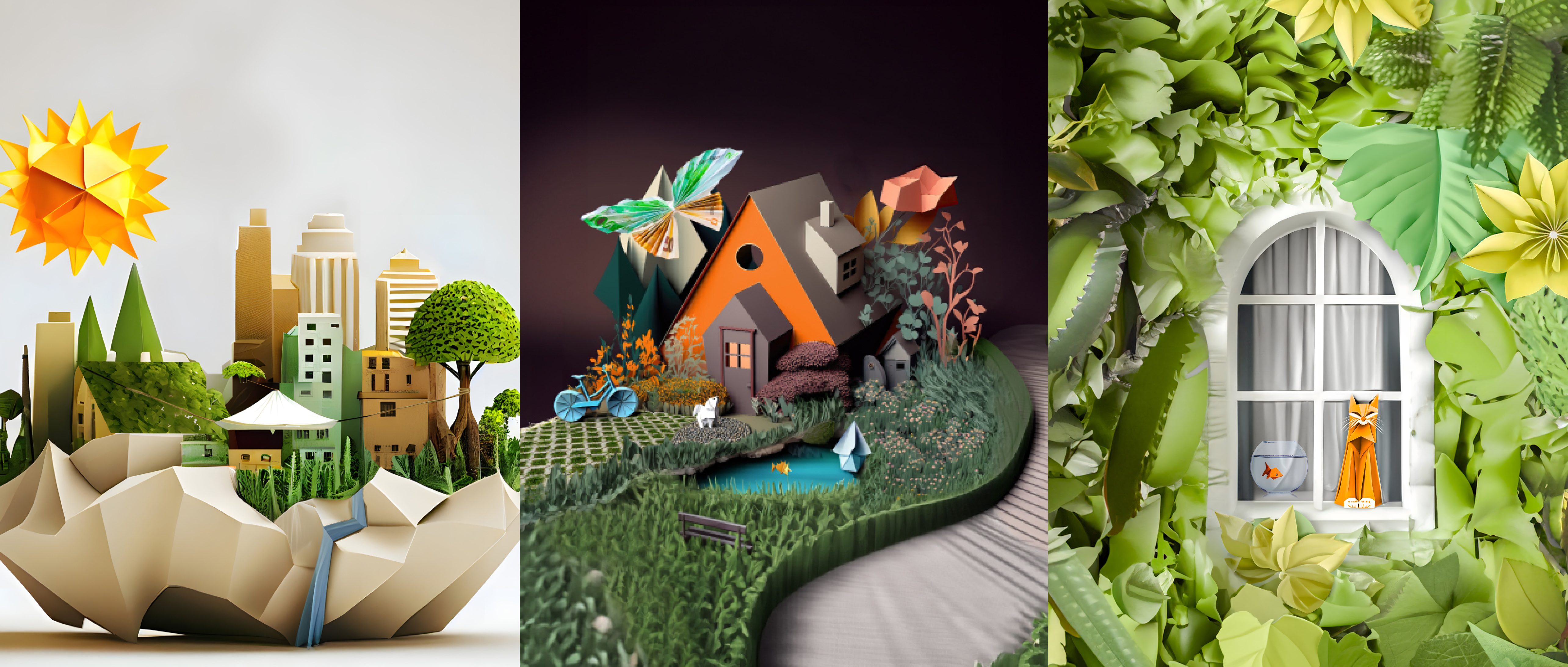  drei verschiedene Bilder die nachhaltige Behausungen im Origami Stil Symbolisieren