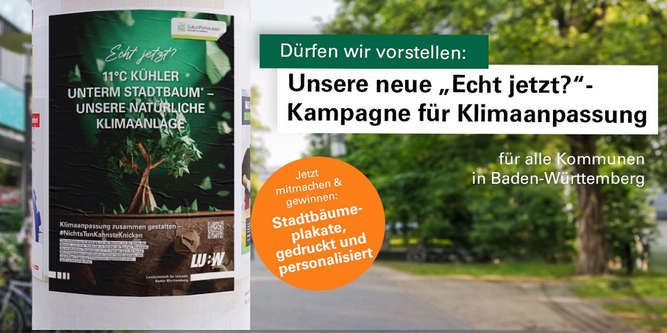  Litfasssäule mit Werbeplakat für den Einsatz von Stadtbäumen im Kontext der Klimaanpassung.