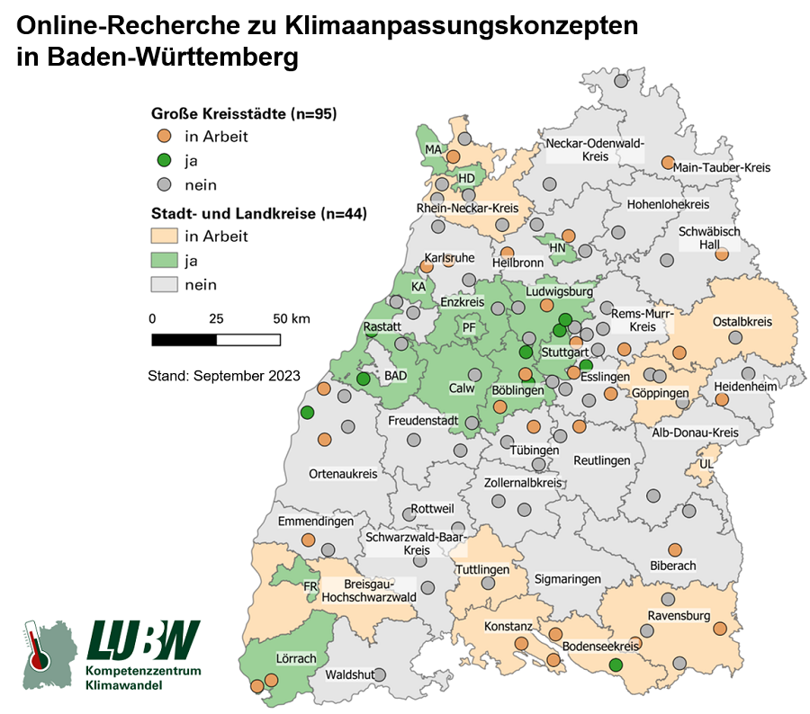 Kartendarstellung der Anpassungskonzepte in Baden-Württemberg, Stand einer online Recherche aus September 2023