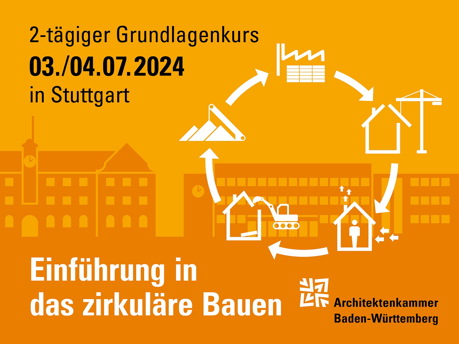  Im Hintergrund wird eine Stadt als orange Silhouette mit hellerem orange Himmel dargestellt. Darauf wird das zirkuläre Bauen als Kreislauf mit 5 Icons in weiß gezeigt. Zu lesen ist der Titel: Einführung in das zirkuläre Bauen als 2-tägiger Grundlagenkurs; 03./04.07.2024 in Stuttgart.