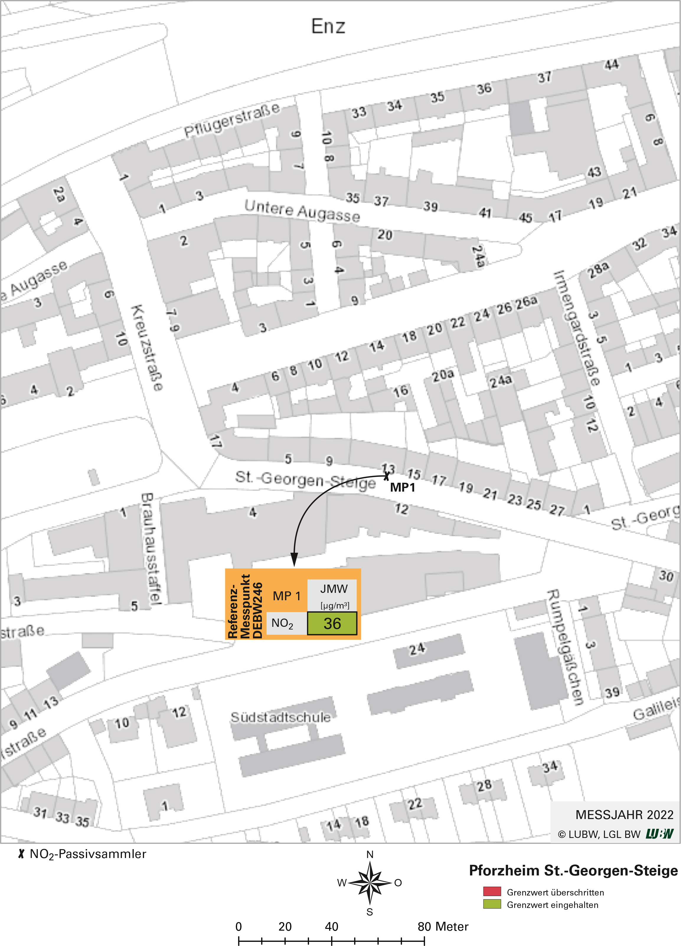  Kartenausschnitt, der die Lage der Messstelle Pforzheim Sankt-Georgen-Steige (Referenzmesspunkt) zeigt. Dargestellt ist zudem das Ergebnis (Jahresmittelwert 2022) der gemessenen Stickstoffdioxidbelastung.