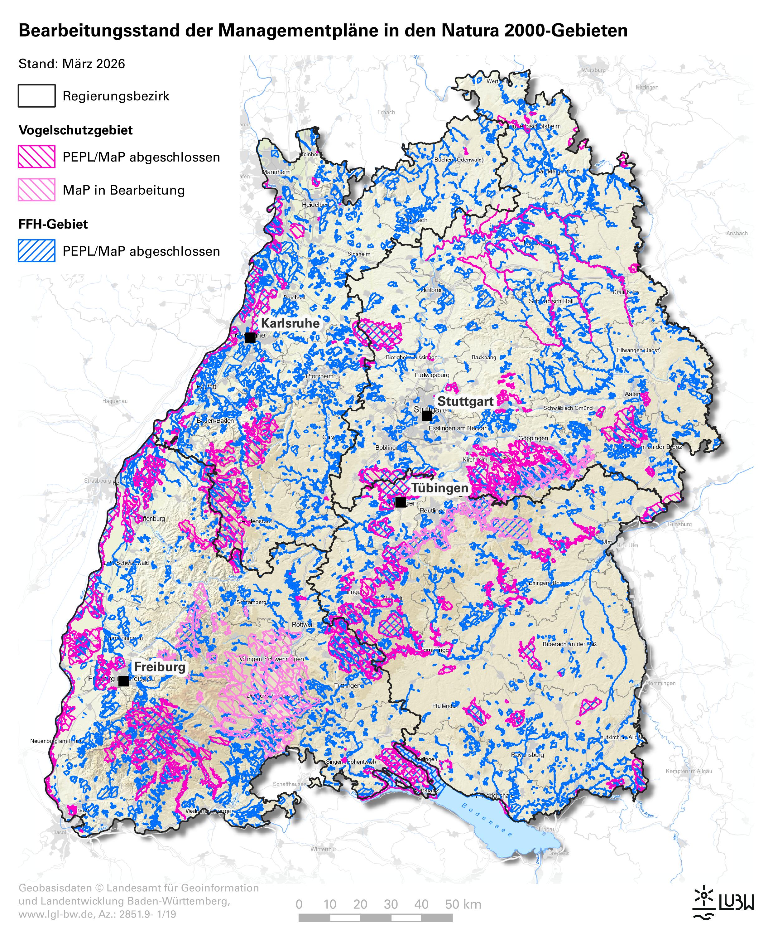  Übersichtskarte der FFH- und Vogelschutzgebiete in Baden-Württemberg mit Kennzeichnung ihres jeweiligen MaP-Bearbeitungsstandes, Stand März 2026
