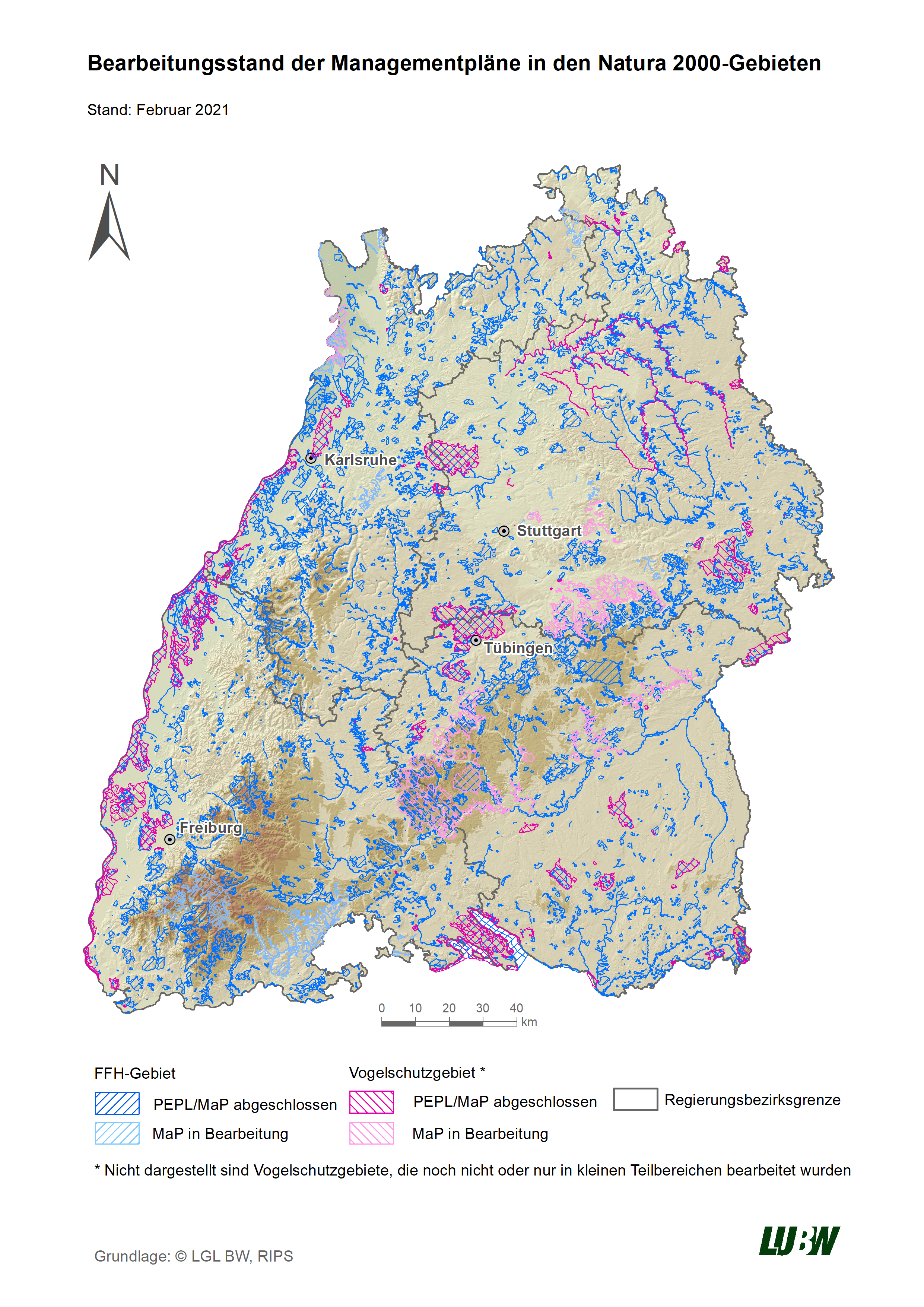 Übersichtskarte der FFH- und Vogelschutzgebiete in Baden-Württemberg mit Kennzeichnung ihres jeweiligen MaP-Bearbeitungsstandes, Stand Februar 2021