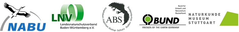 Logos der Projektpartner: Naturschutzbund Deutschland e.V., Landesnaturschutzverband Baden-Württemberg e.V.; Amphibien-Reptilien-Biotopschutz Baden-Württemberg e.V.; Bund für Umwelt nd Naturschutz Deutschland e.V.; Staatliches Museum für Naturkunde Stuttgart;