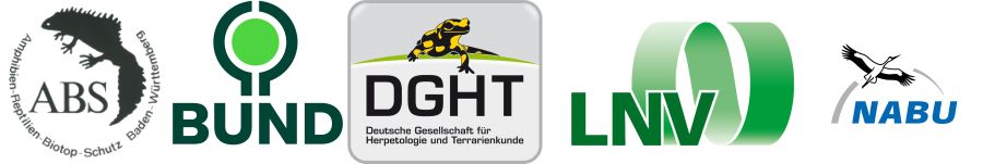 Logos der Projektpartner: Amphibien-Reptilien-Biotop-Schutz Baden-Württemberg e.V., Bund für Umwelt und Naturschutz Deutschland e.V., Deutsche Gesellschaft für Herpetologie und Terrarienkunde e.V., Landesnaturschutzverband Baden-Württemberg e.V., Naturschutzbund Deutschland e.V. Logos der Projektpartner: Amphibien-Reptilien-Biotop-Schutz Baden-Württemberg e.V., Bund für Umwelt und Naturschutz Deutschland e.V., Deutsche Gesellschaft für Herpetologie und Terrarienkunde e.V., Landesnaturschutzverband Baden-Württemberg e.V., Naturschutzbund Deutschland e.V.