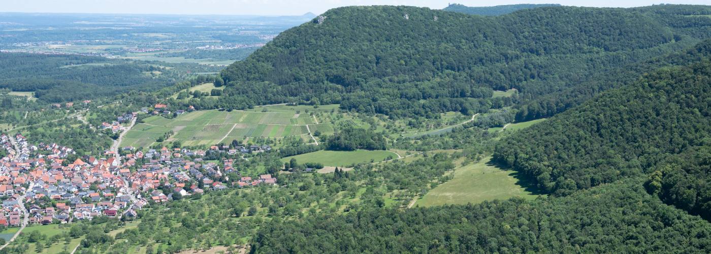 Foto mit Blick auf die Ortschaft Beuren am linken Bildrand und Beurener Berg mit Brucker Fels