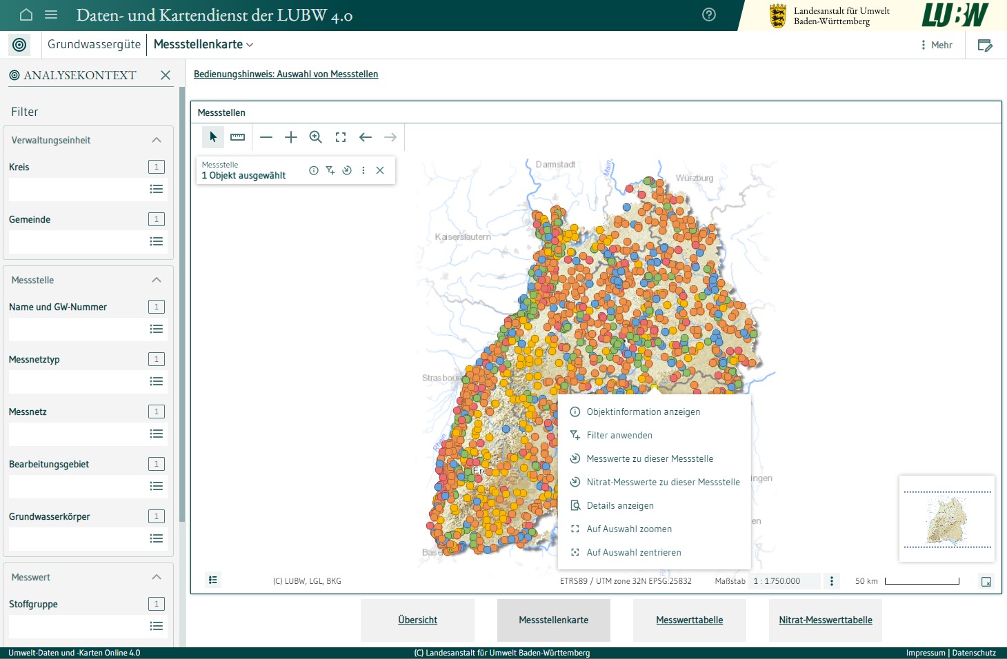  Screenshot von Grundwassergüte - Messtellenkarte. Hintergrund zeigt Karte Grundwassermessstellen 