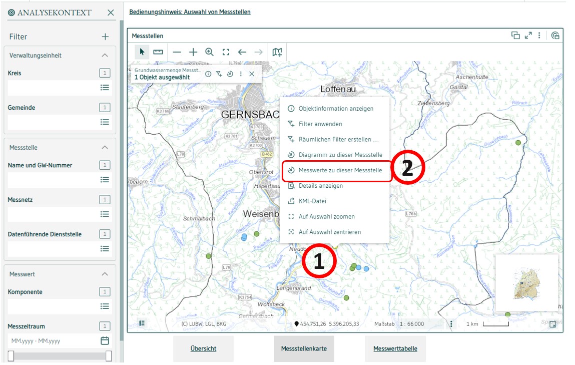  Screenshot von Jahresdatenkatalog Auswahl Grundwassermenge. Hintergrund zeigt Messstelle