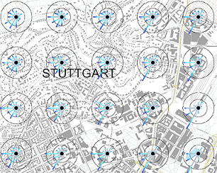Topografischer Kartenausschnit für den Bereich Stuttgart. Im 500 Meter mal 500 Meter Abstand sind die synthetischen Windrosen eingezeichnet.