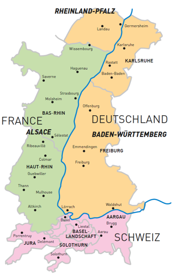 Das Bild zeigt eine Karte der Regionen, die im Interreg-Projekt betrachtet werden
