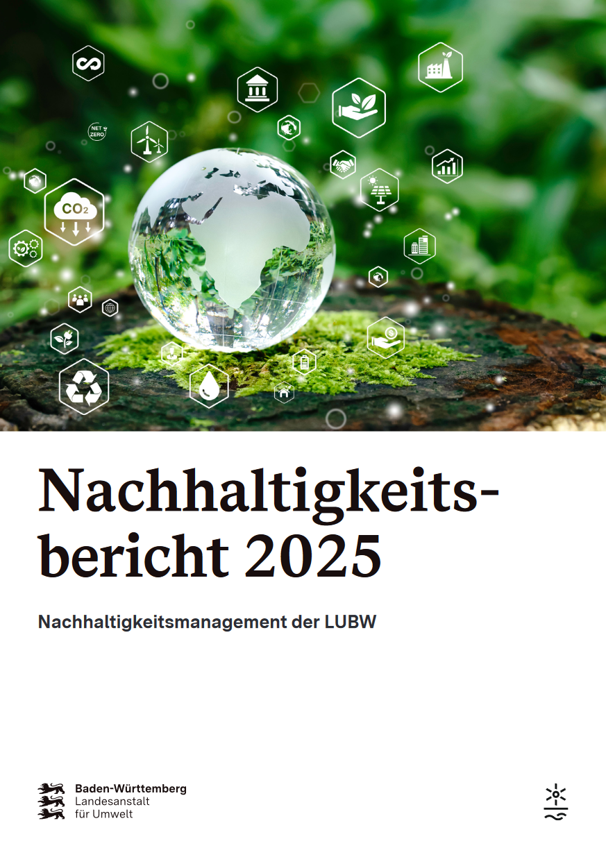  Die Titelseite des Nachhaltigkeitsberichts der LUBW aus dem Jahr 2025. Eine schematische Darstellung der Erde, umgeben von verschiedenen Symbole, welche diverse Arbeitsbereiche der LUBW abbilden: Erneuerbare Energien, Recycling, Wasser etc.