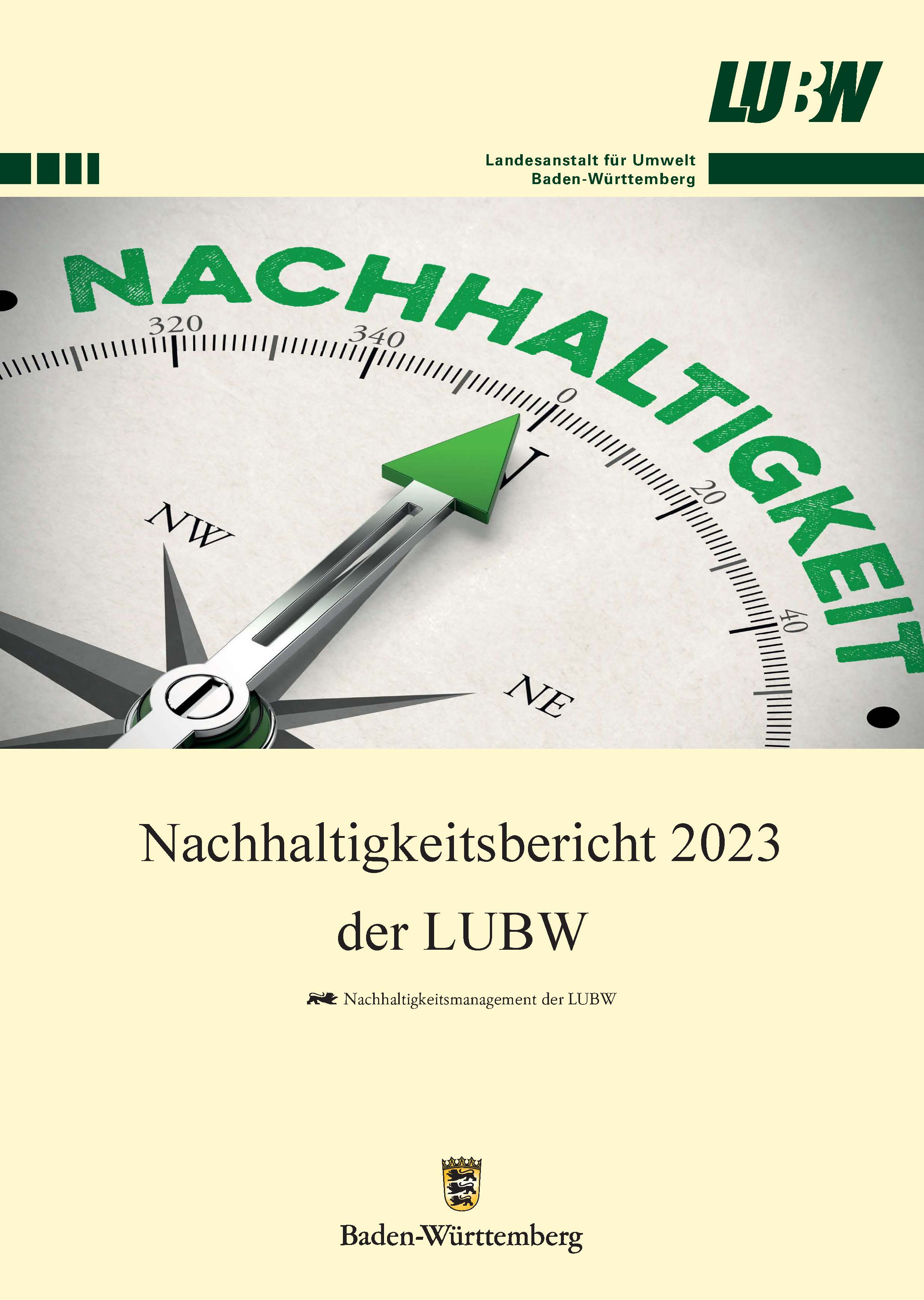 Die Titelseite des Nachhaltigkeitsberichts der LUBW aus dem Jahr 2023. Dargestellt ist ein Kompass.