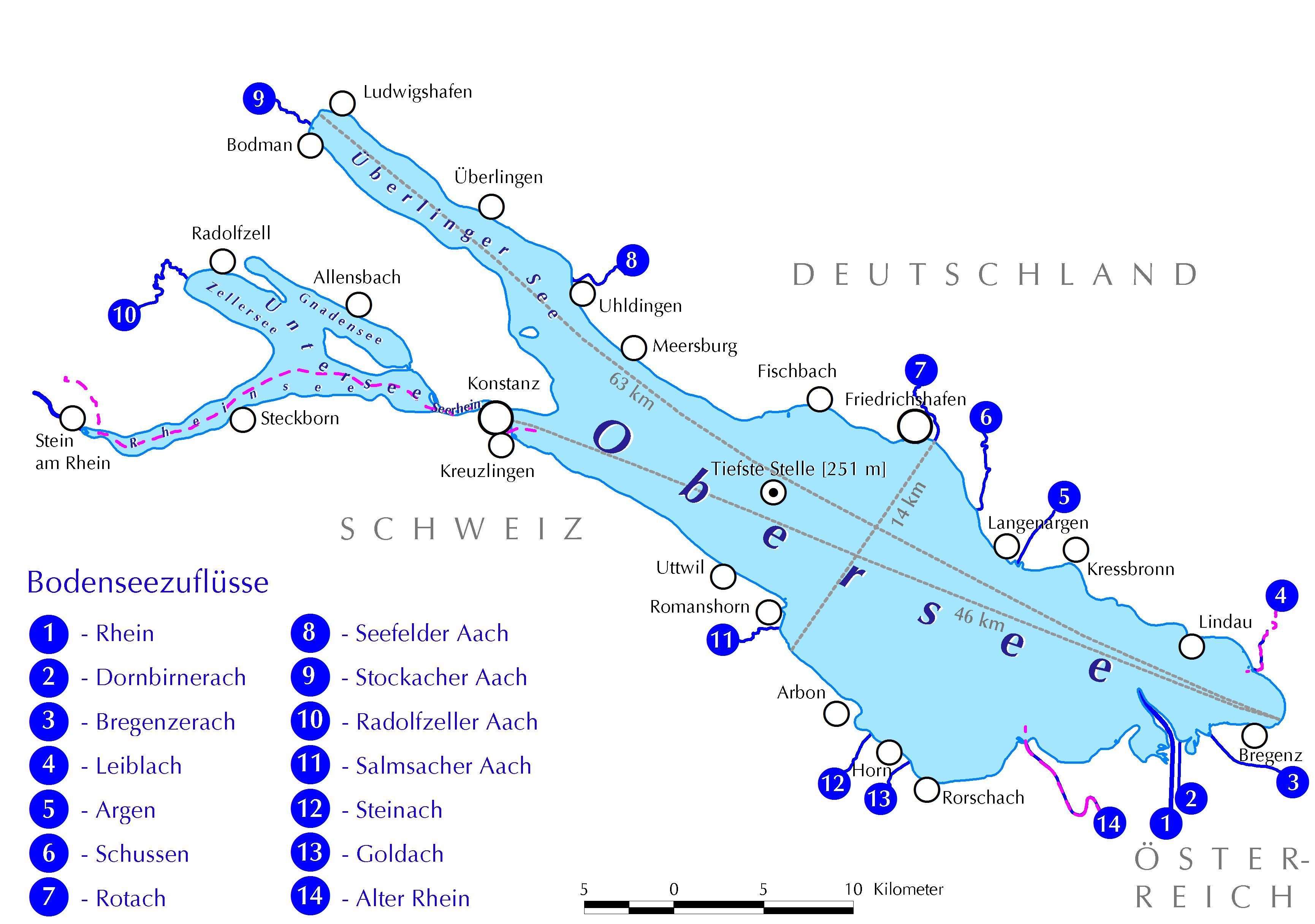 Karte mit den 14 Bodenseezuflüssen Rhein, Dornbirnerach, Bregenzerach, Leiblach, Argen, Schussen, Rotach, Seefelder Aach, Stockacher Aach, Radolfzeller Aach, Salmsacher Aach, Steinach, Goldach und Alter Rhein