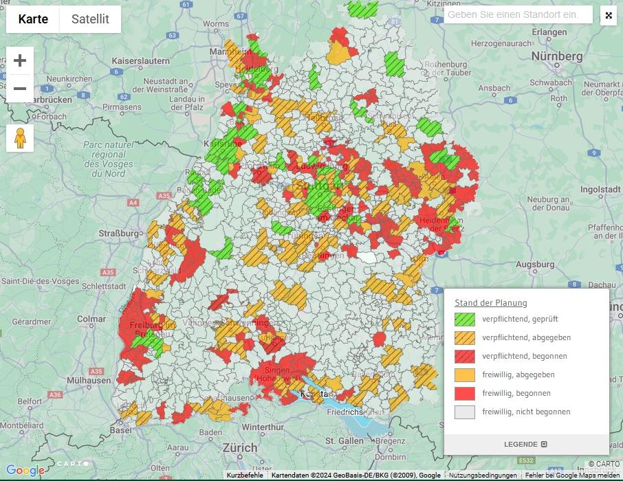 Screenshot der Karte im Energieatlas: Darstellung des Standes der kommunalen Wärmeplanung 