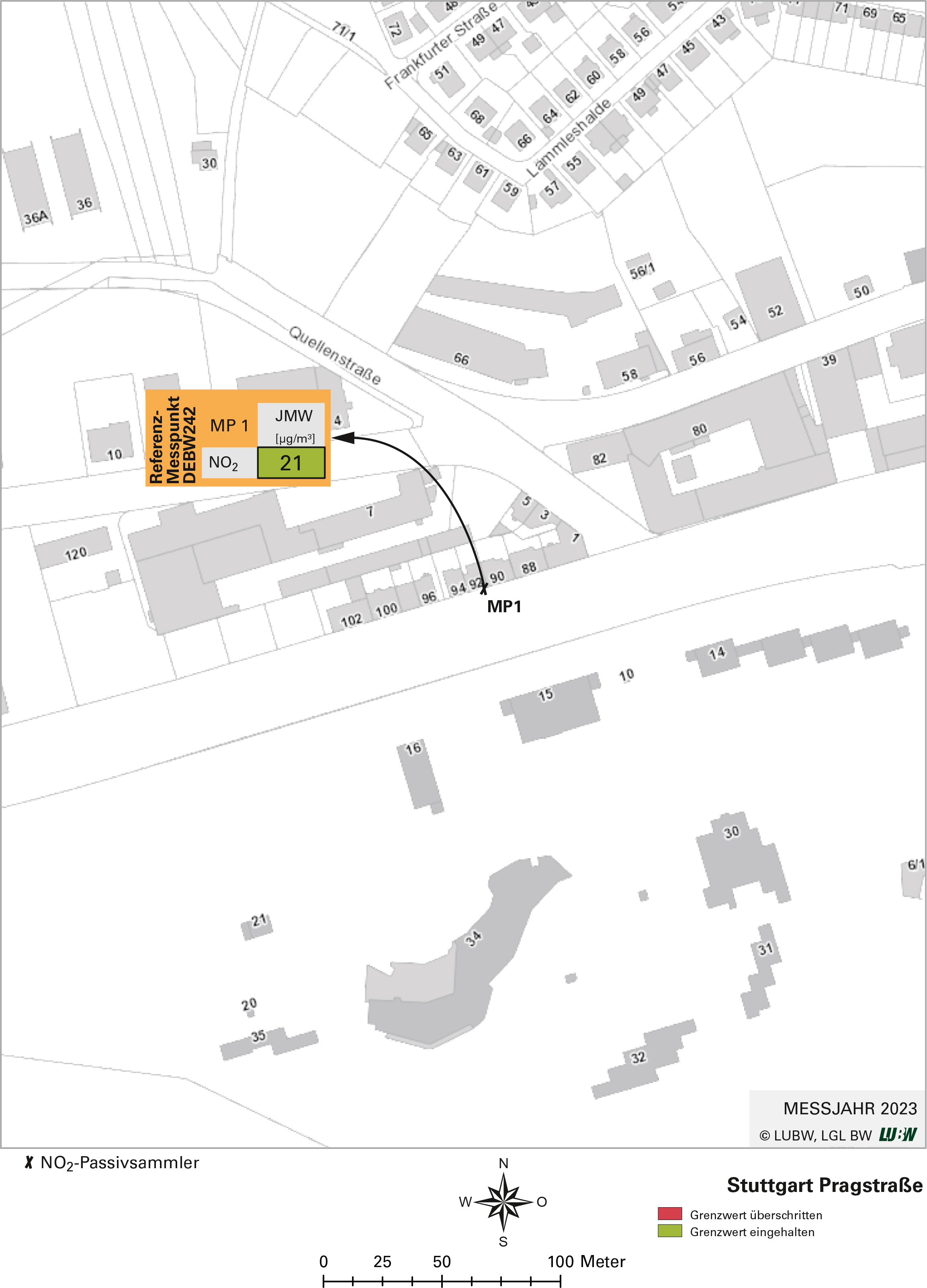 Kartenausschnitt, der die Lage der Messstelle Stuttgart Pragstraße (Referenzmesspunkt) zeigt. Dargestellt ist zudem das Ergebnis (Jahresmittelwert 2023) der gemessenen Stickstoffdioxidbelastung.