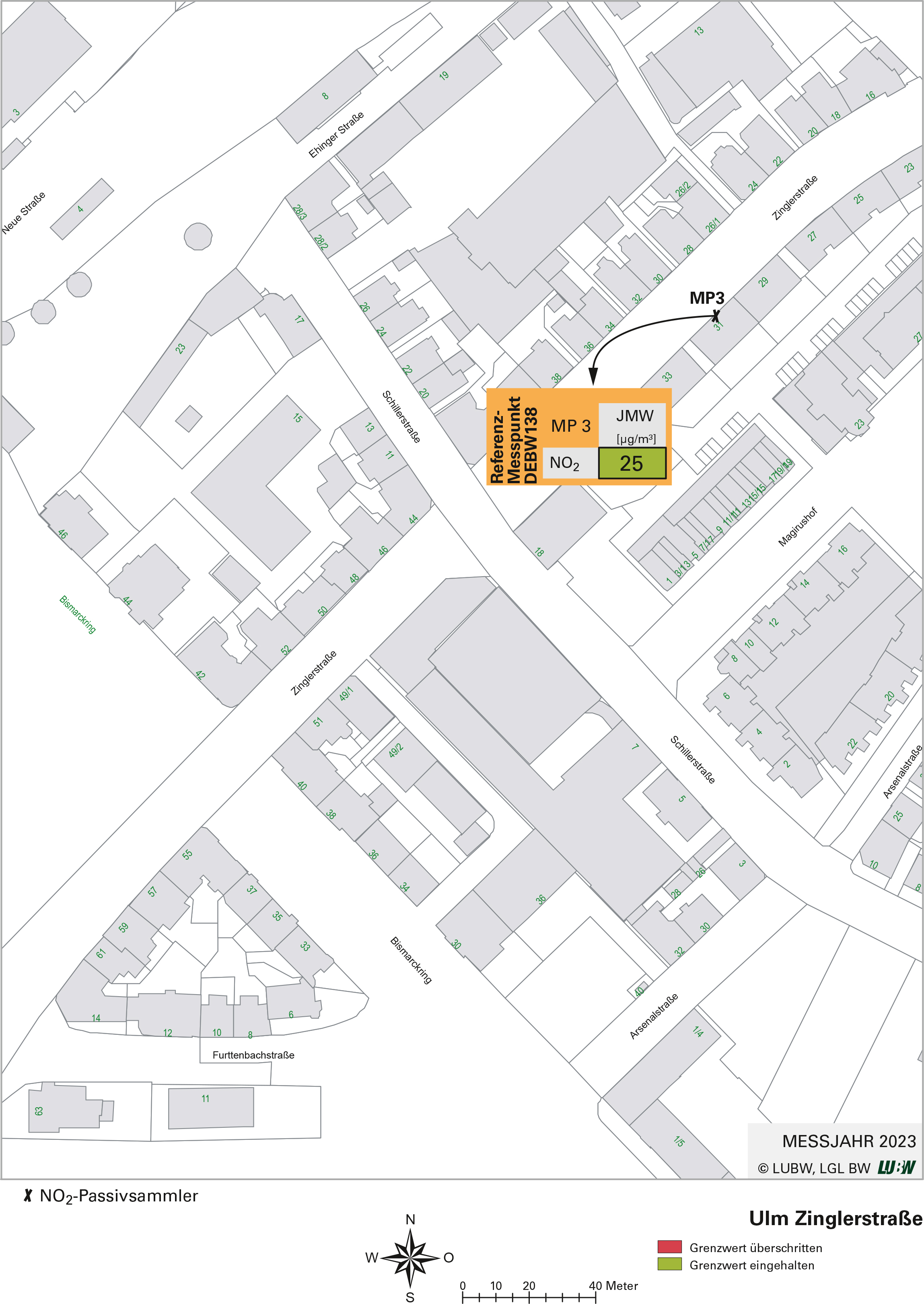 Kartenausschnitt, der die Lage der Messstelle Ulm Zinglerstraße (Referenzmesspunkt) zeigt. Dargestellt ist zudem das Ergebnis (Jahresmittelwert 2023) der gemessenen Stickstoffdioxidbelastung.