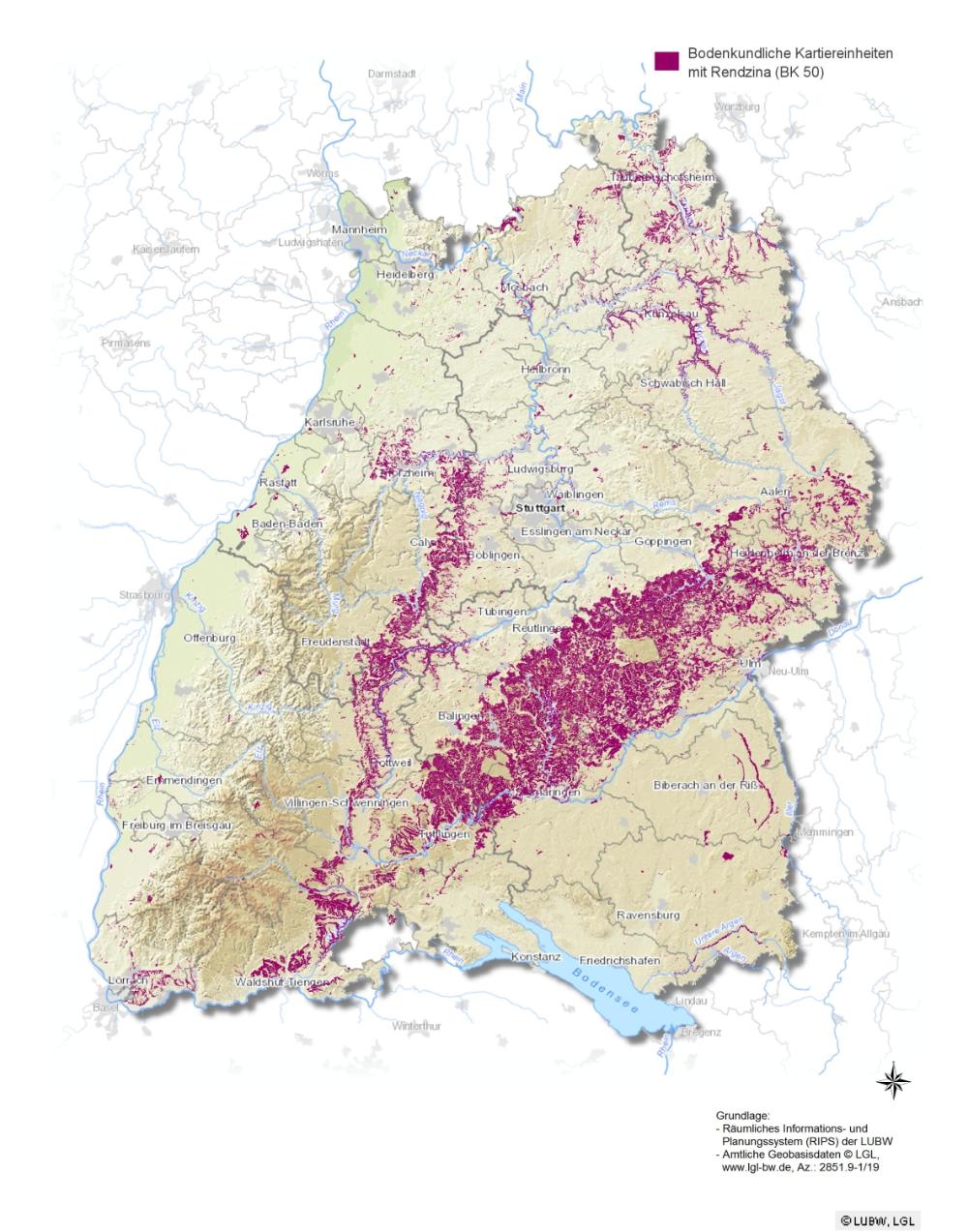 Verbreitung der Kartiereinheiten der Bodenkarte 1:50.000 (BK 50, LGRB) mit Rendzina als Hauptbodentyp bzw. Begleitbodentyp