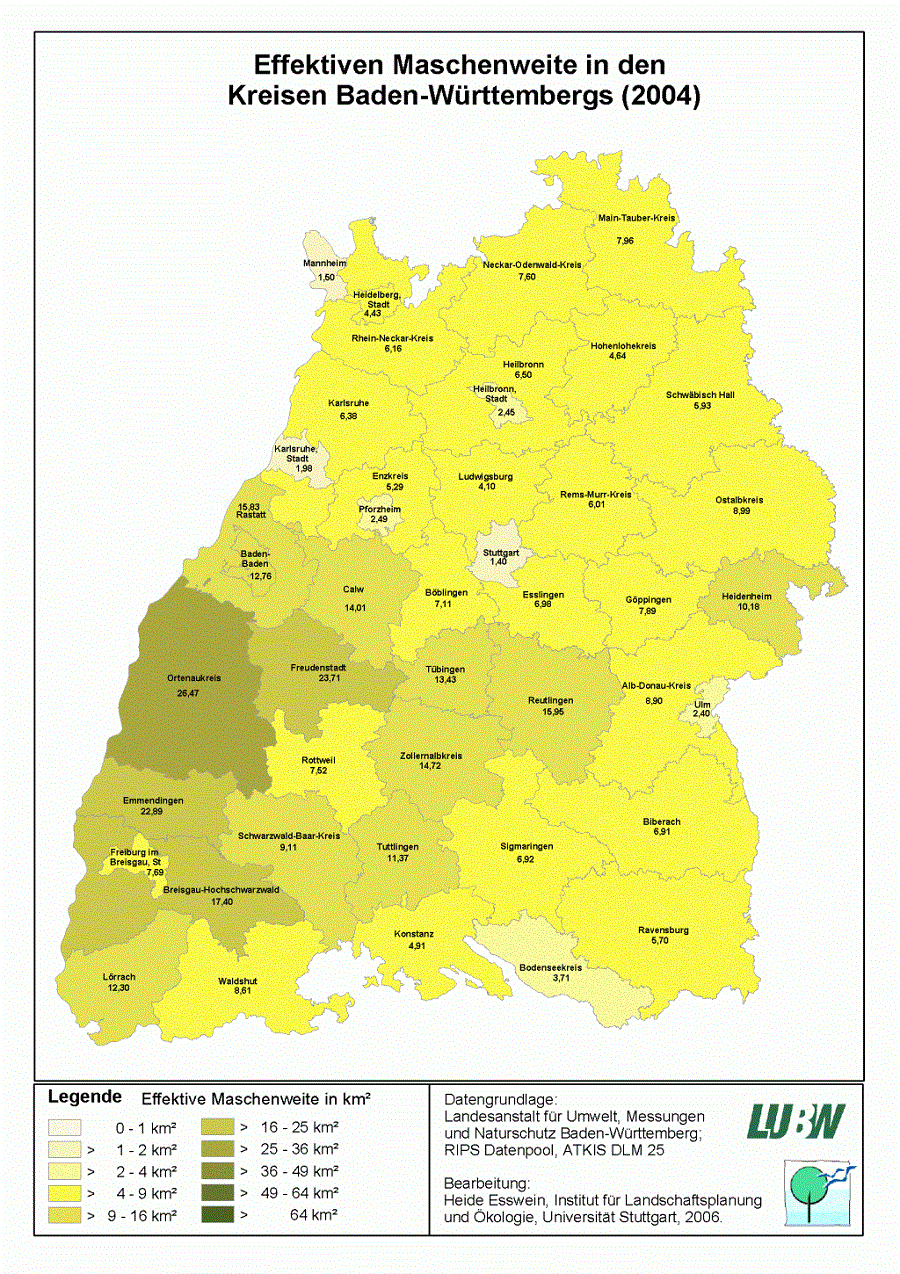 Karte von Baden-Württemberg: Effektive Maschenweite in den Kreisen Baden-Württembergs 2004