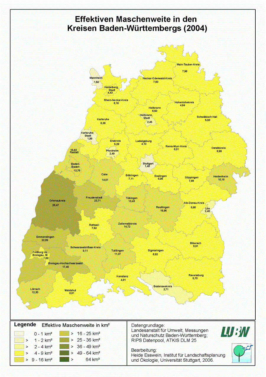 Kartendarstellung zur effektiven Maschenweite in den Kreisen Baden-Württembergs im Jahr 2004: Die höchste effektive Maschenweite befindet sich mit 26,47 Quadratkilometern im Ortenaukreis, die geringste effektive Maschenweite befindet sich mit 1,40 Quadratkilometern im Kreis Stuttgart.