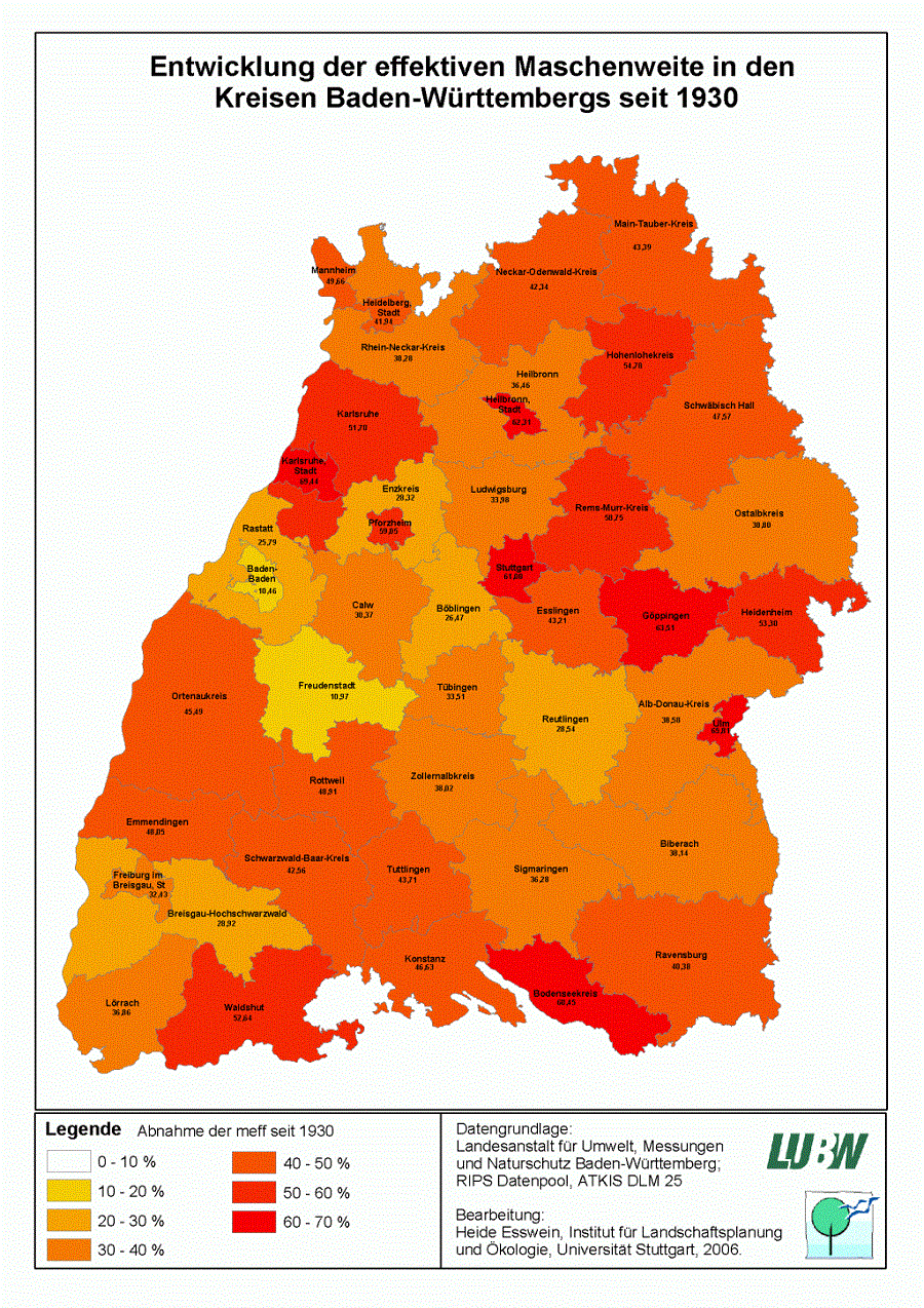 Karte von Baden-Württemberg: Entwicklung der effektiven Maschenweite in den Kreisen Baden-Württembergs seit 1930