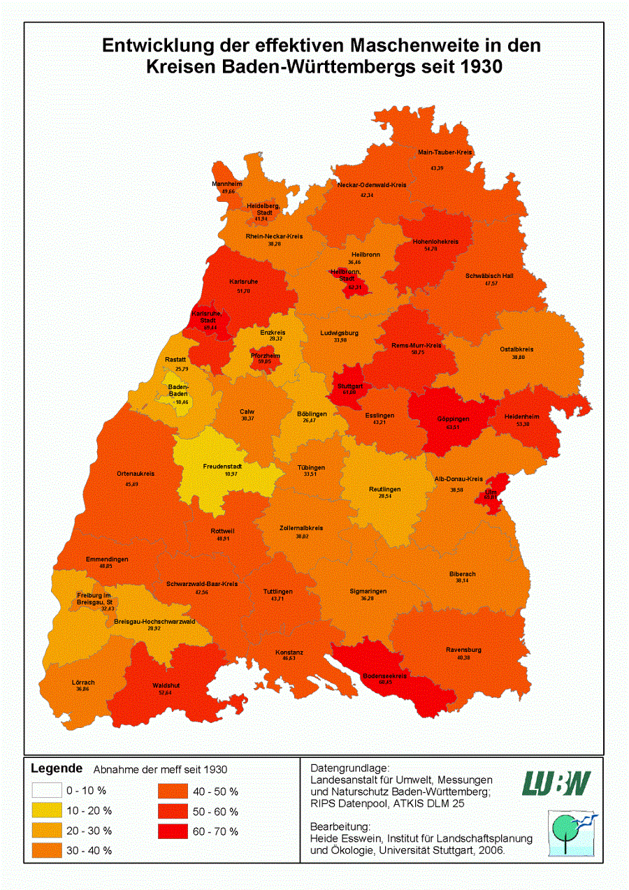 Kartendarstellung zur Entwicklung der effektiven Maschenweite in den Kreisen Baden-Württembergs seit 1930: In allen Kreisen haben die effektiven Maschenweiten seit 1930 abgenommen. Am stärksten im Stadtkreis Karlsruhe mit 69,44 Prozent, am schwächsten in Baden-Baden mit 10,46 Prozent.