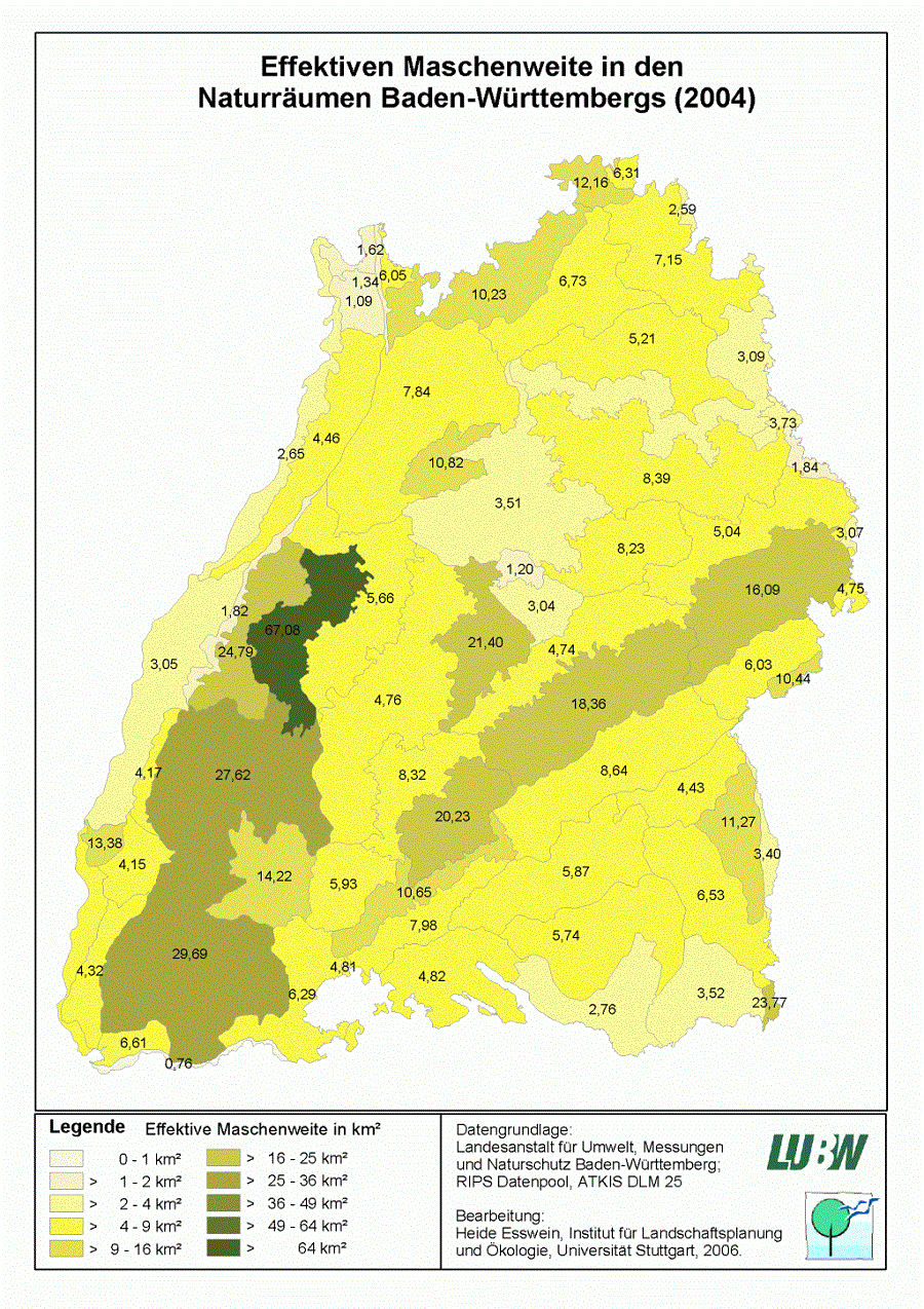 Karte von Baden-Württemberg: Effektive Maschenweite in den Naturräumen Baden-Württembergs 2004